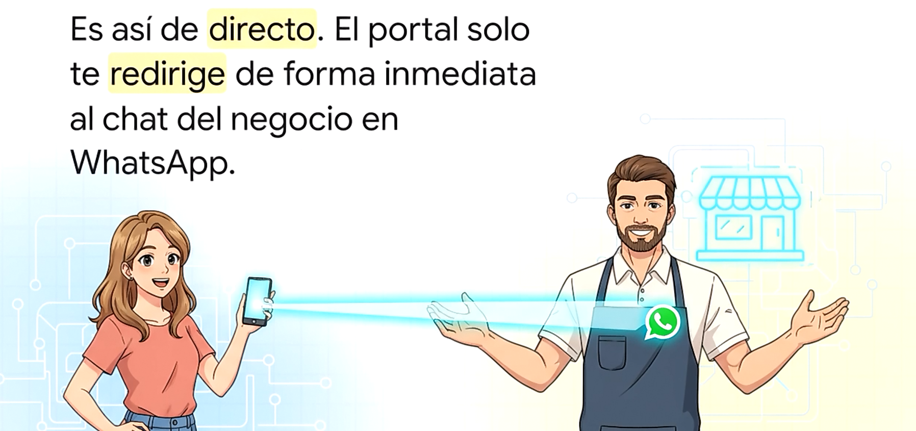 Es así de directo. El portal solo te redirige de forma inmediata al chat del negocio en WhatsApp.